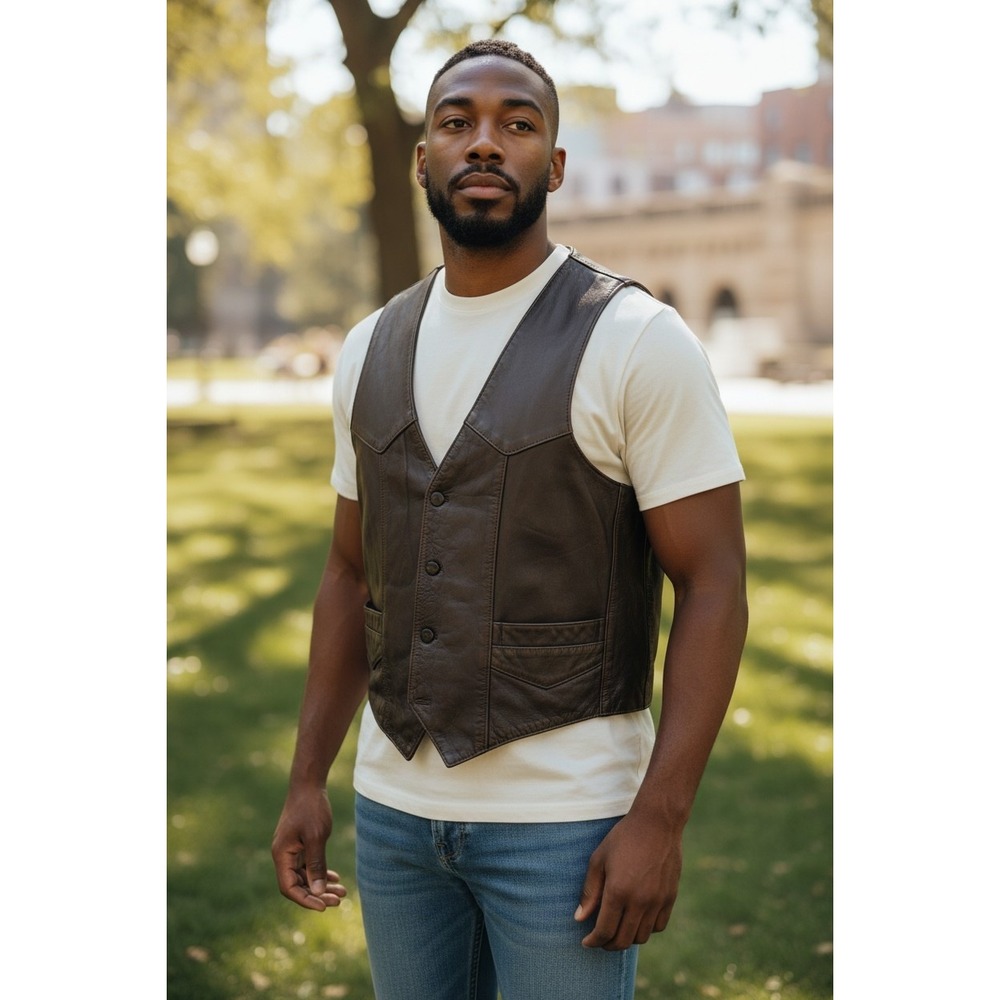 Park V Mens Brown Leather Western Biker Vest Made in USA Button Front Size‎ XL